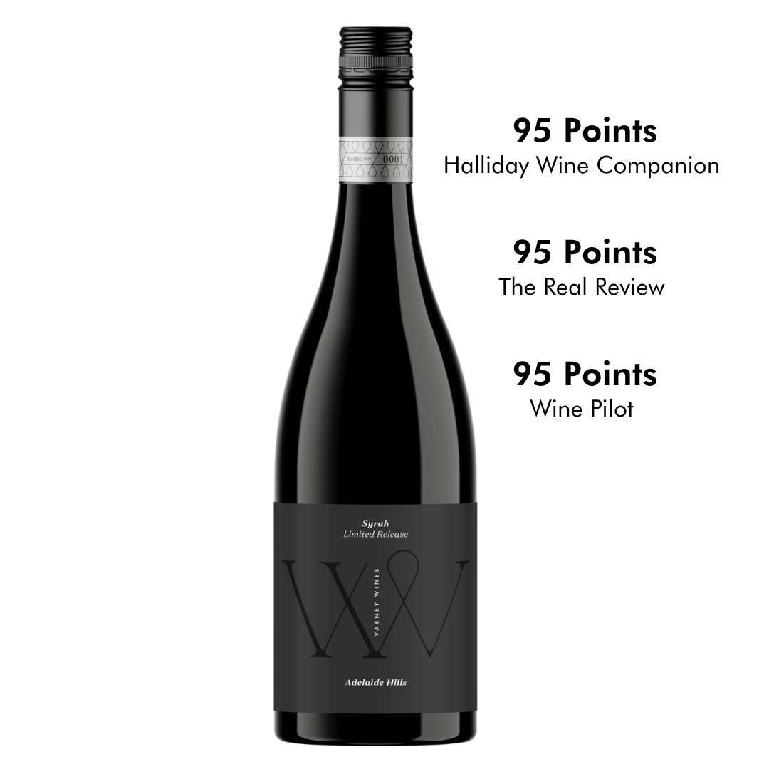 Bottle shot of Varney Wines 2022 Syrah with a bunch of 95 points badges and accolades.
