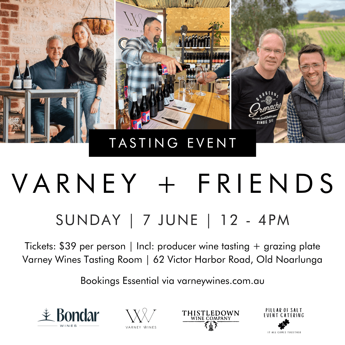 Varney + Friends Tasting Event promo image with ondar wines and Thistledown Wines.