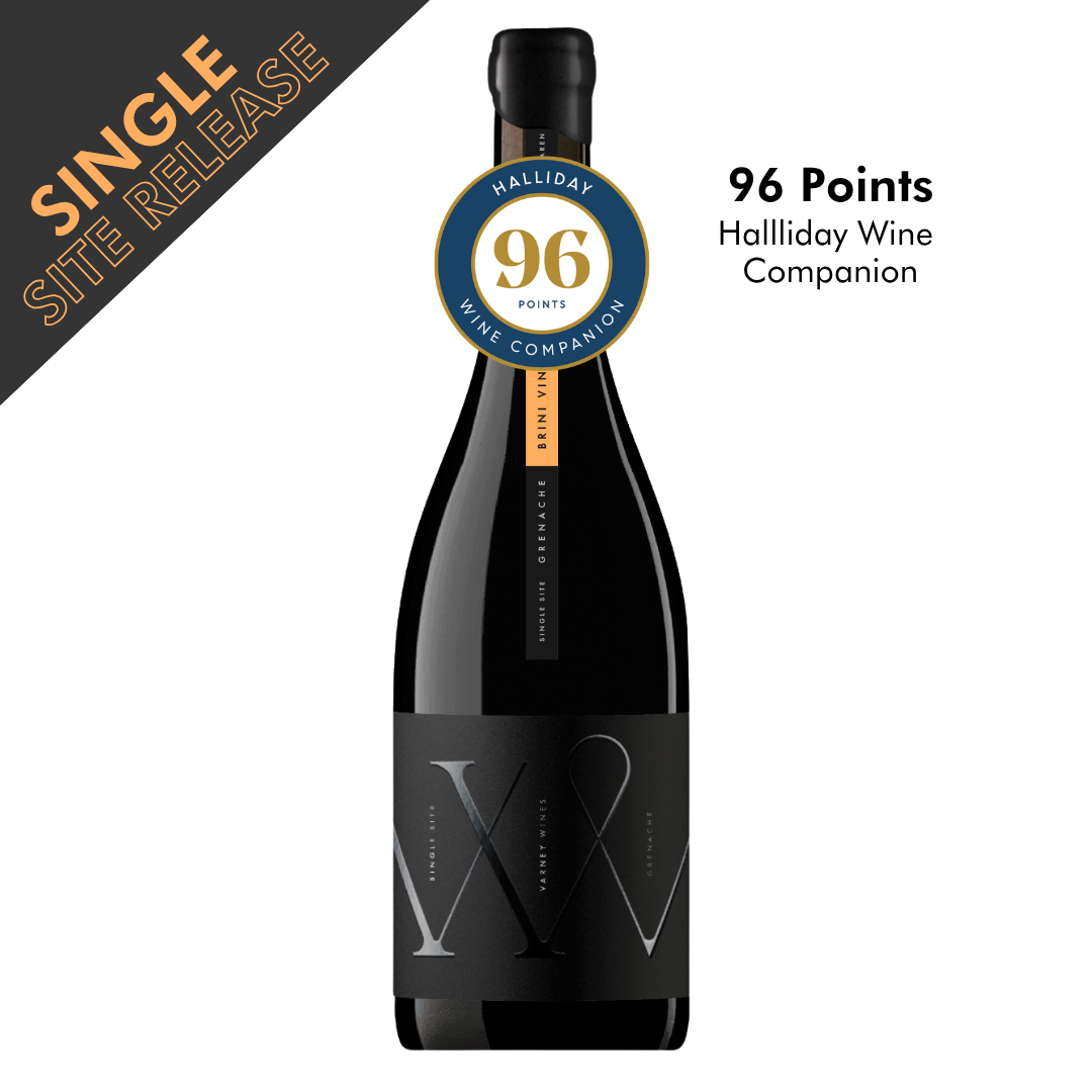 A bottle of Varney Wines Single Site Brini Grenache. A banner alert for single site release and the accolade 96 points badge from Halliday Wine Companion.