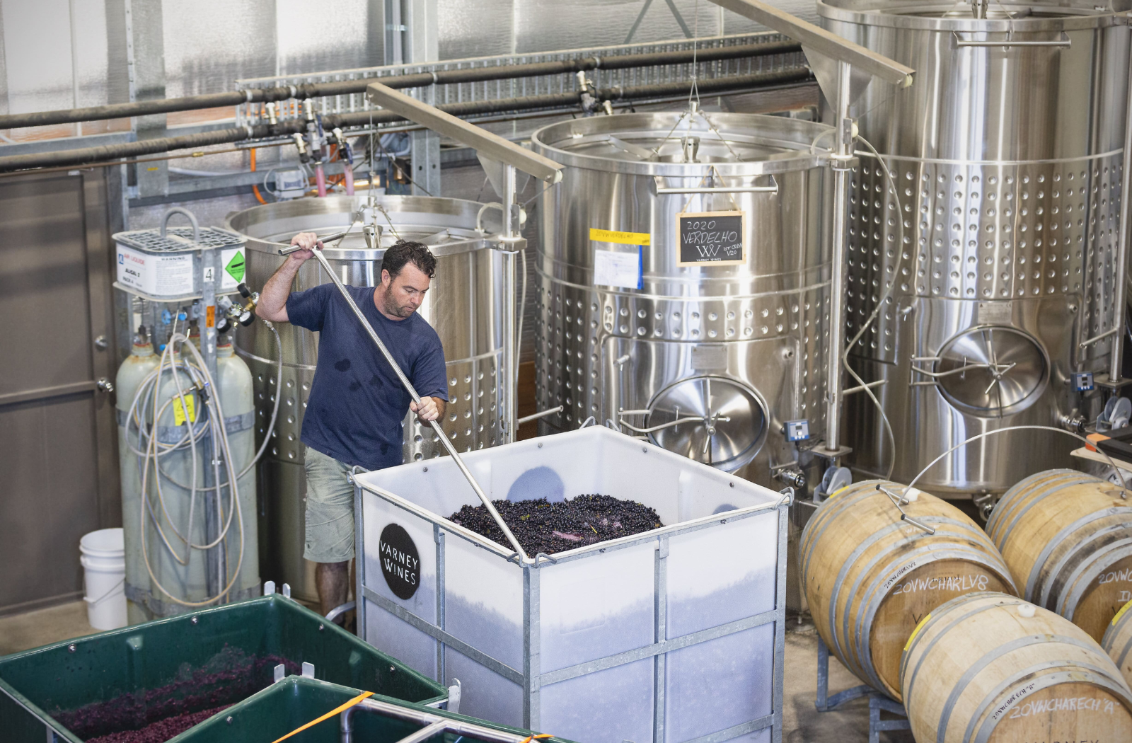 Winemaker Alan Varney pressing the wine