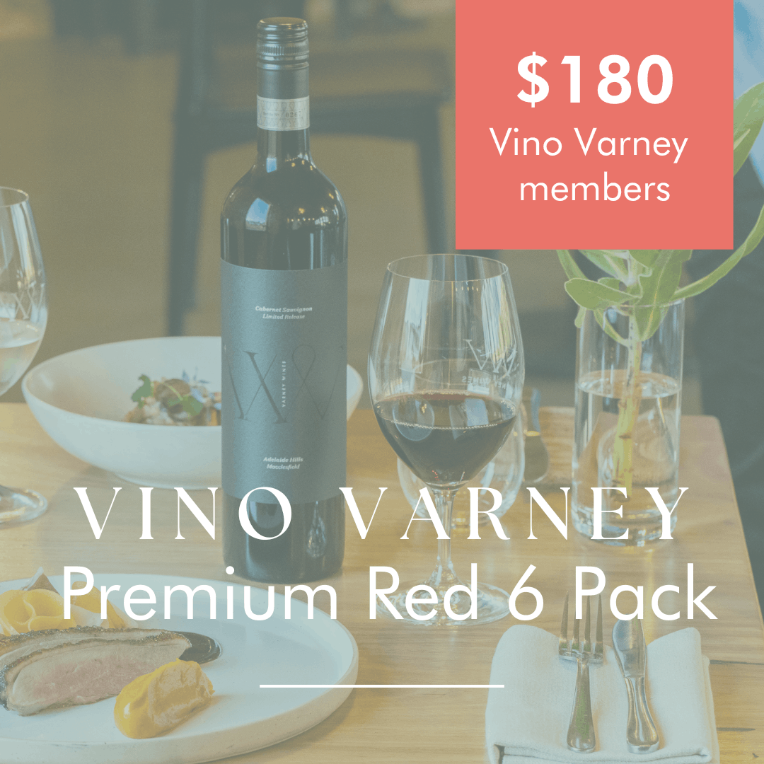 Promotional graphic for the Vino Varney wine club Premium Red 6 pack for $180 for vino varney members.