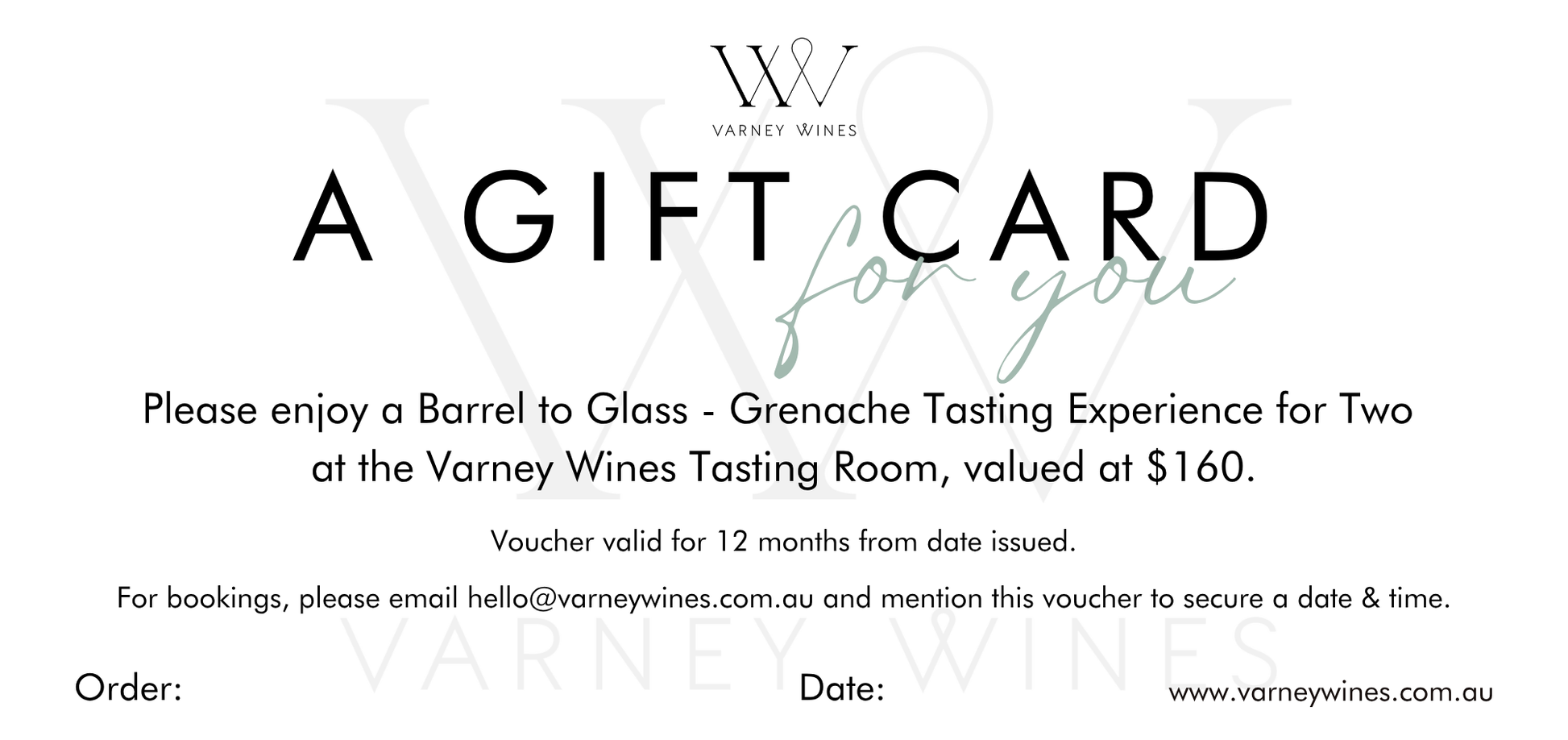 Gift card for Barrel to Glass wine tasting experience at Varney Wines with branding and contact information.