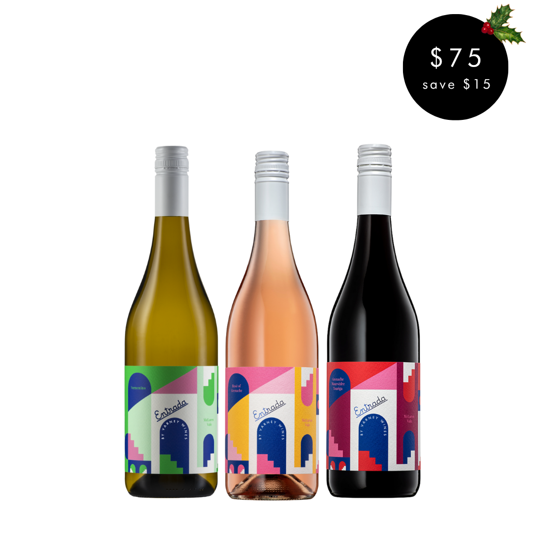 Festive Entrada Trio with Vermentino, Fiano and Chardonnay bottles. These three bottles have lovely bright and colourful labels.