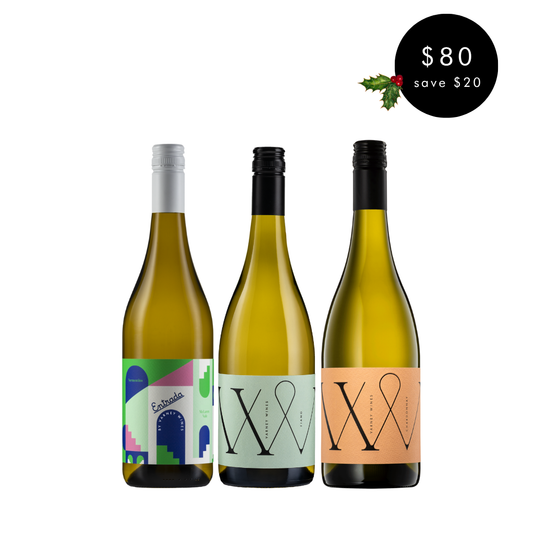 Festive Whites Trio with Vermentino, Fiano and Chardonnay bottles.