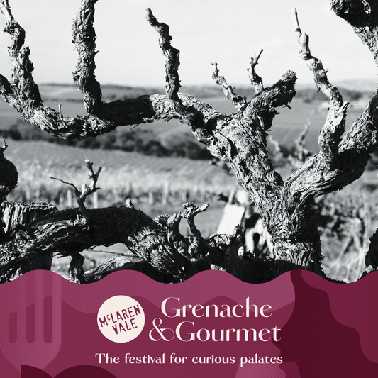 Black and white image of Grenache Vineyard, promoting the McLaren Vale Grenache & Gourmet Festival.