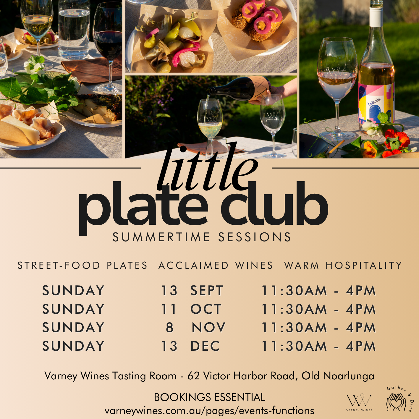 Promotional graphic for Little Plate Club Summertime Sessions at Varney Wines. Includes 4 dates of events. Collage of photots with a Summery feel