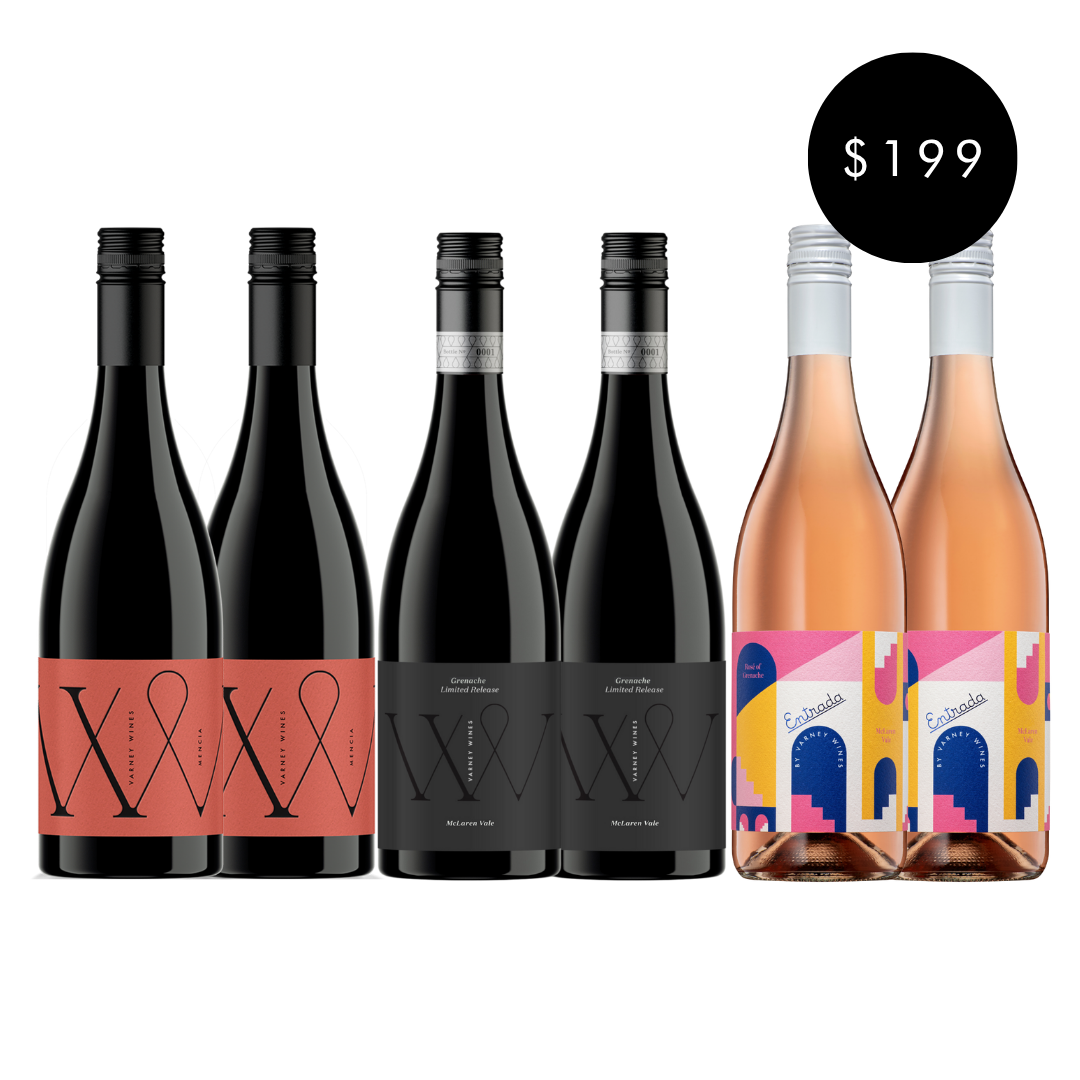 6 Varney Wines bottles displayed in pairs. These wines form the New release speciality pack availble for Vino Varney members.