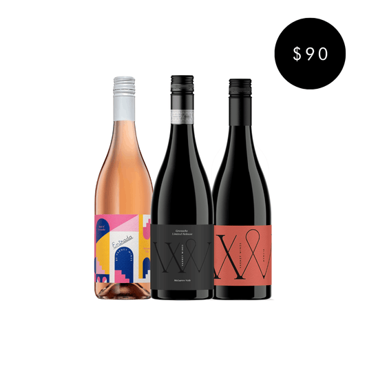 Three Varney Wines bottles grouped together on a white background with a black circular price badge reading $90 in the top right. The bottles include a rosé wine with a colorful label, a dark red wine with a black label, and a dark wine with a coral label. These wines form the Varney Wines New Release trio.