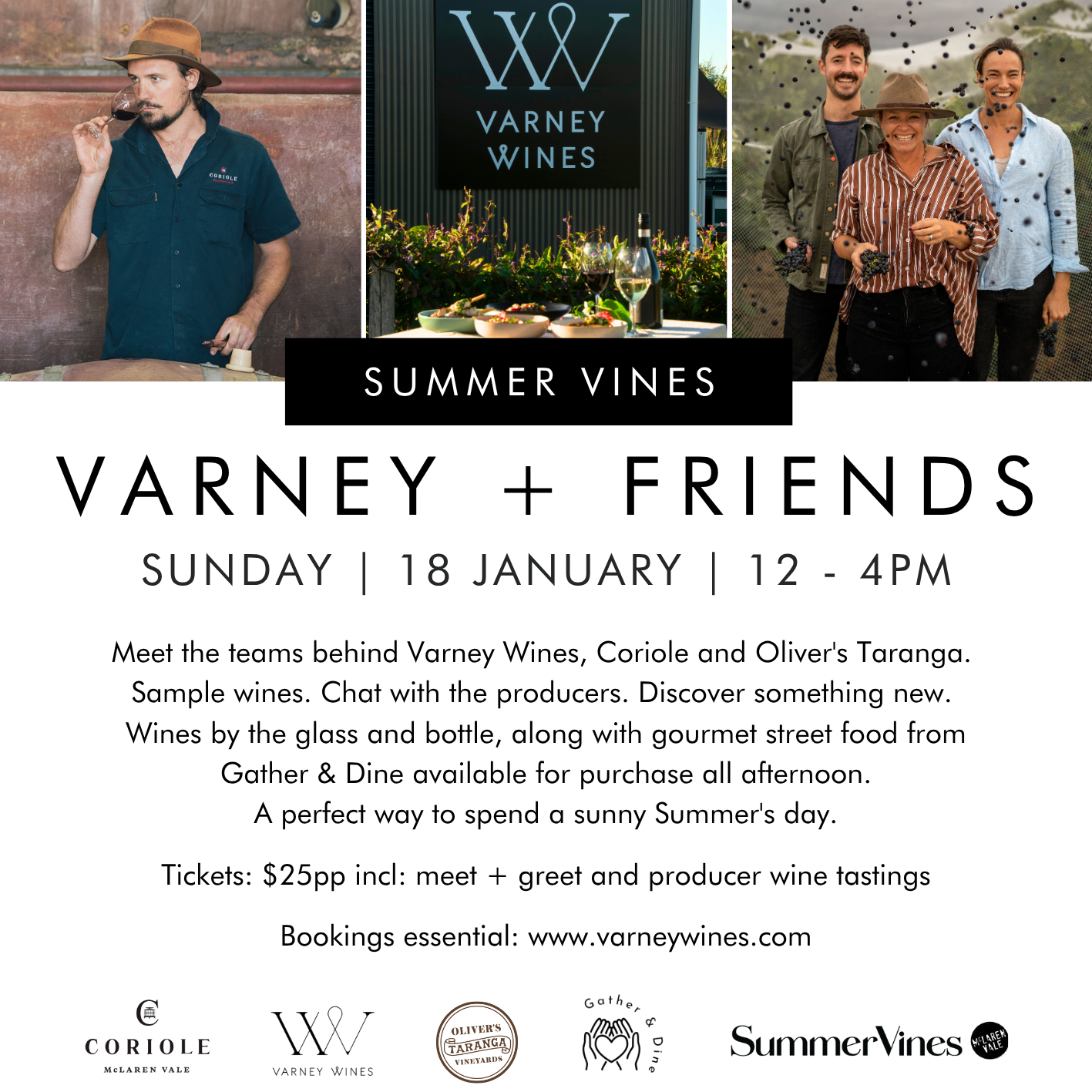 Promotional flyer for Varney Wines SummerVines event with images of people and wine bottles.
