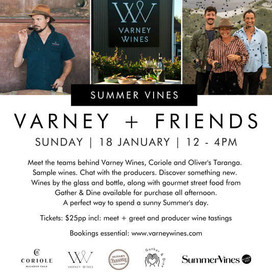 Promotional flyer for Varney Wines SummerVines event with images of people and wine bottles.