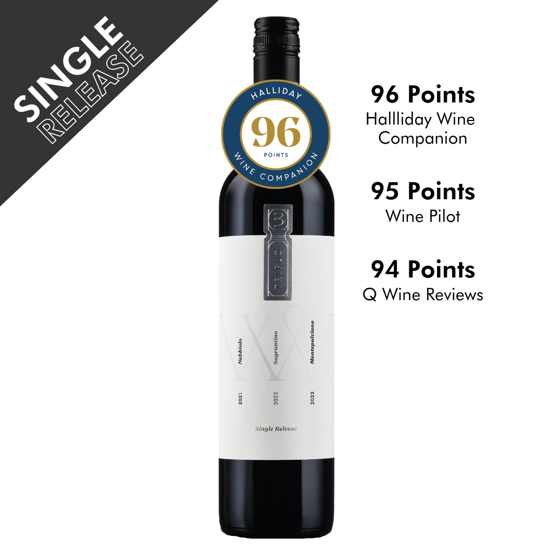 A picture of the Varney Wines Triplo bottle with 96 Halliday Wine companion score badge.  Single Release banner alert and other acclaim.