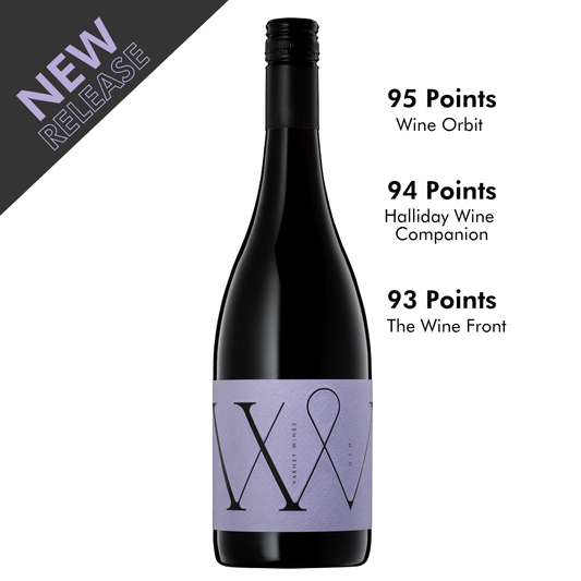 Bottle shot of Varney Wines 2023 GSM on white background. New release tile and some 90+ points scores.