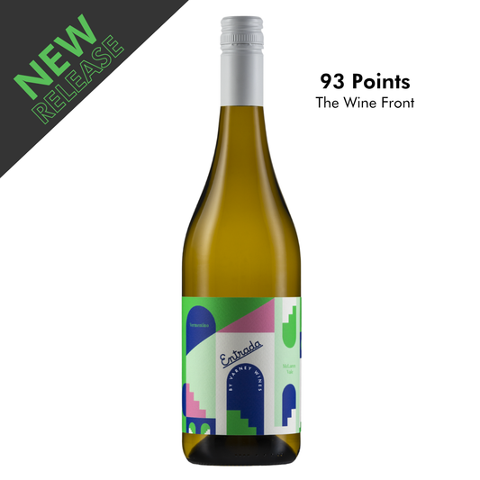 Bottle shot of Varney Wines 'Entrada' Vermentino on white background with New Release sign and 93 point score.