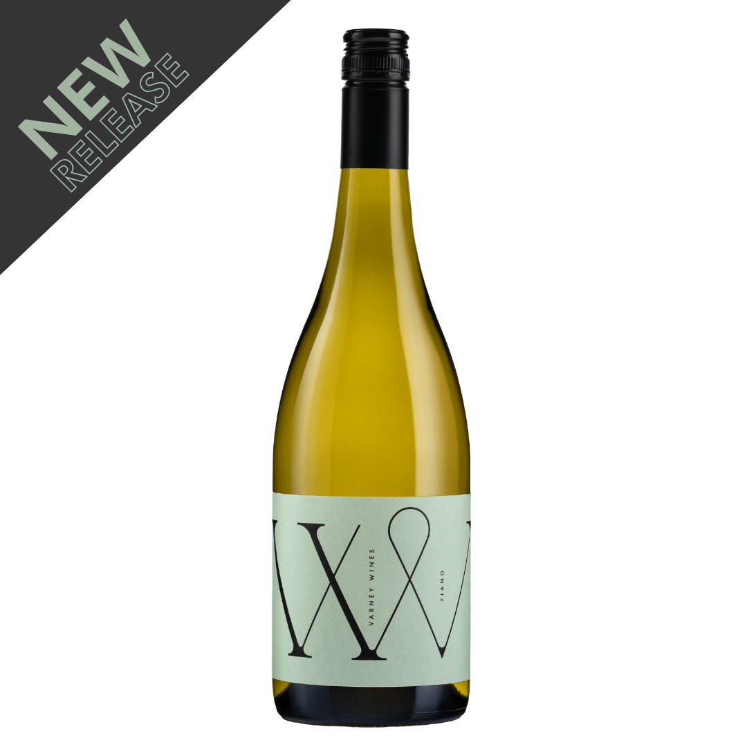 Bottle Shot of Varney Wines 2026 Fiano on white background. New Release tag.
