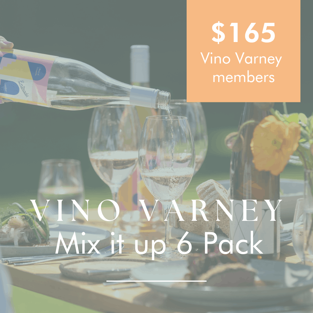 Promotional graphic for the Vino Varney wine club Mix it up 6 pack for $165 for vino varney members.