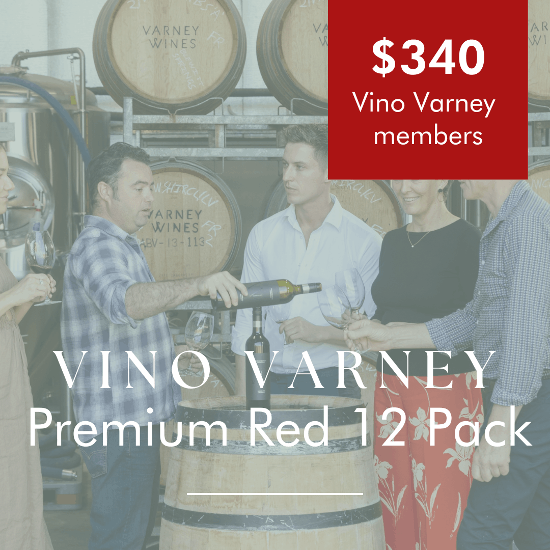 Promotional graphic for the Vino Varney wine club Premium Red 12 pack for $340 for vino varney members.