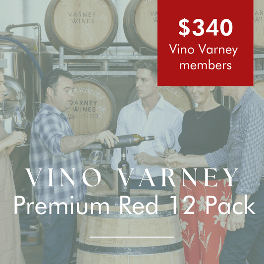 Promotional graphic for the Vino Varney wine club Premium Red 12 pack for $340 for vino varney members.