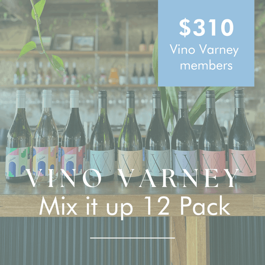 Promotional graphic for the Vino Varney wine club Mix it up 12 pack for $310 for vino varney members.
